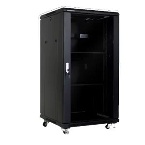Gabinete de 22RU, puerta trasera y frontal micro perforada, color Negro, 1166x600x1000mm (Incluye bandeja de ventiladores, 1 multitoma, 2 bandejas fijas de 4 puntos de apoyo)  **