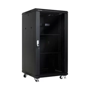Gabinete de 22RU, puerta frontal de vidrio, puerta trasera plancha color negro, 1166x600x600 (Incluye bandeja de ventiladores, 1 multitoma, 2 bandejas fijas de 4 puntos de apoyo) **