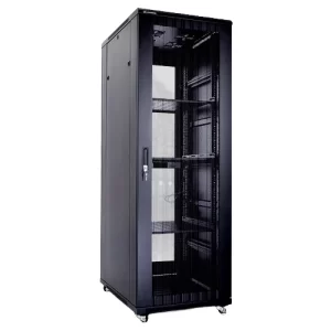 Gabinete de 32RU, puerta trasera y frontal micro perforada, color Negro. 1610x800x1000mm. (Incluye bandeja de  ventiladores, 1 multitoma, 3 bandejas fijas de 4 puntos de apoyo)  **