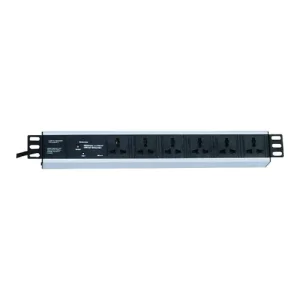 Multitoma Electrica 6 tomas Linea a Tierra Horizontal Aluminio,  1U, 2MCable, toma americana, con protector de sobrecarga