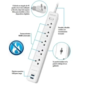 Protector de sobretensión 1200J/1540W, 5 tomas universales, USB/120V-240V