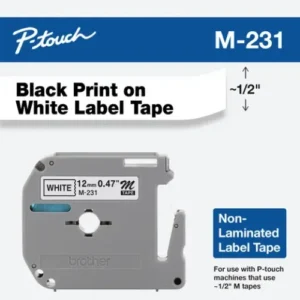 Cinta no laminada en negro sobre blanco de 0,47″ x 26,2′ (12 mm x 8 m)