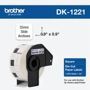 DK1221 Etiquetas cuadradas de 0,9" (23 mm cuadrado). Trae 1.000 etiquetas adhesivas de papel.
